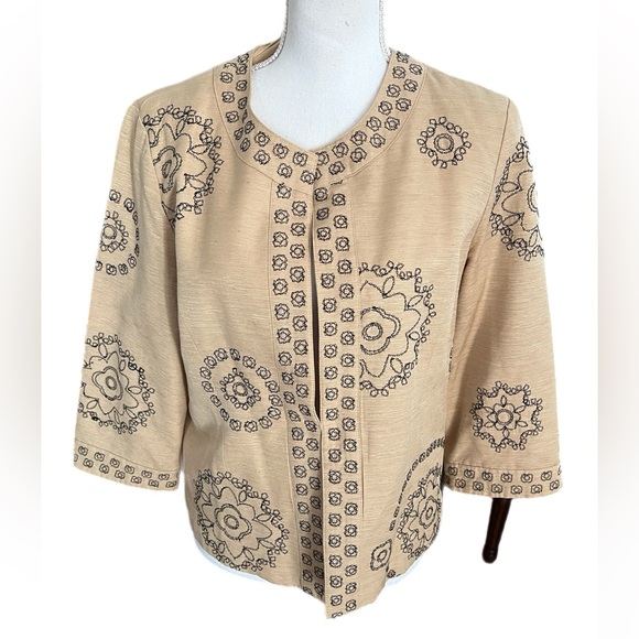 Marisa Christina Jacket Size L Tan Silk Crop Open Front Embroidered Jacket - Picture 1 of 4